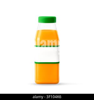 Plastic bottle filled with fresh orange juice. Minimalist 3D vector illustration of drink container with blank label for branding. Healthy beverage mo Stock Vector