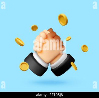 3D Two businessmen shaking hands with gold coins Stock Vector