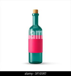 3D glass bottle with pink label and cork stopper. Stock Vector