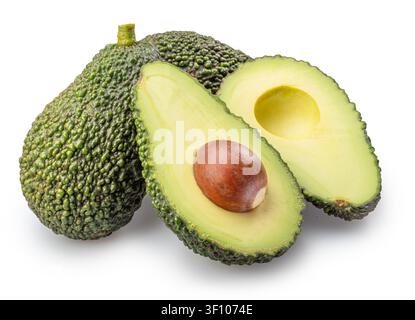 Two ripe hass avocado with halves of avocado isolated on a white background. Detailed food element. Clipping path. Stock Photo