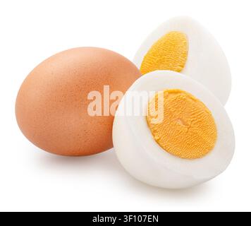 Group of unshelled egg and boiled chicken egg cut in half on white background. File contains clipping paths. Stock Photo