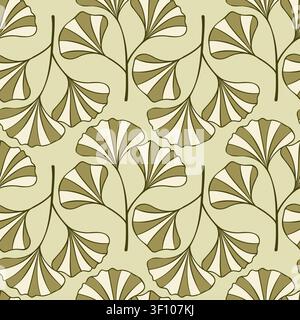 Ginkgo biloba branches with leaves seamless pattern on light khaki background vector illustration for organic cosmetics packaging wellness branding ki Stock Vector
