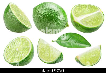 Fresh green lime fruits, including whole lime, halves, slices, and dark green leaves, isolated on a white background. Clipping Path. Maximum sharpness Stock Photo