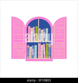 Window with bookshelves in a bookstore. Literature and textbooks on the shelves. Reading and knowledge. Bookcases. Isolated flat vector illustration Stock Vector