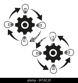 Idea sync cycle collection features black vector set. Lightbulb gear infographic symbols enhance creative innovation projects. eps 10 Stock Vector