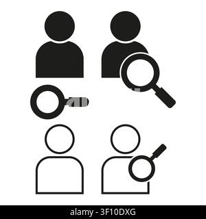 User search icon features black vector illustration. Employee find magnifying glass symbol enhances recruitment hr projects. eps 10 Stock Vector