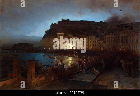 Fireworks in Naples, 1875. Santa Lucia with Monte Echia and Castel dell'Ovo. Stock Photo