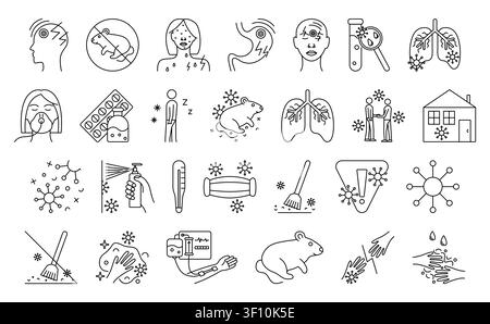 Hantavirus black line icon set, big collection, editable stroke vector signs. Symptoms, routes of transmission, precautions. Outline monochrome isolat Stock Vector