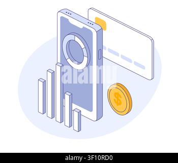Isometric finance scene with growth indicators. Vector for analytics poster, banking app, fintech blog, or investment dashboard. Stock Vector