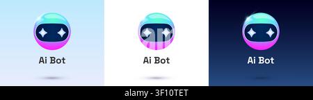 Cute 3D AI robot character with friendly face and chatbot icons. Colorful artificial intelligence mascot featuring speech bubbles, books, and digital assistant elements on isolated background. Stock Vector