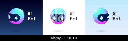 Adorable robot character in 3D style with AI chatbot icons and emoji faces. Futuristic artificial intelligence mascot collection including speech bubbles, stars, and tech assistant designs. Stock Vector