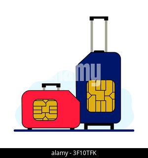 Flat vector illustration of travel suitcases featuring SIM cards, representing international roaming, travel connectivity, mobile communication, and d Stock Vector