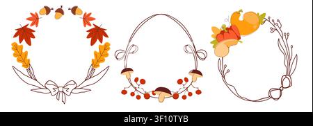 Autumn wreath frames with yellow leaves, acorn and pumpkin isolated on white background. Vector set of doodle ribbon border with bow, round fall decoration for themed poster, Thanksgiving design Stock Vector