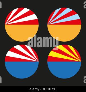 Colorful circular badge collection features simple vector set. Geometric sunburst flag symbols enhance creative identity projects. eps 10 Stock Vector