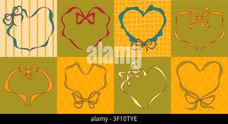 Hand drawn autumn frames, whimsical borders with ribbon bow. Love fall designs on yellow and green vintage background, Thanksgiving seasonal holiday mockup with elegant heart frames Stock Vector