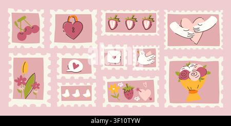 Romantic postal stamps with doodle frames and love symbols. Vector set of simple pink postmarks, cute heart lock, message icons, flowers, strawberry and hugging hands, minimal paper design elements Stock Vector
