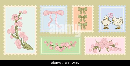 Retro spring stamps with pink floral pattern. Vector set of vintage postage icons with flowers, coquette ribbon bow and chicken, abstract botanical vector elements, Easter design in pastel colors Stock Vector