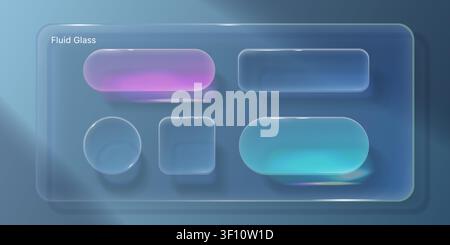 Transparent liquid glass ui buttons with fluid texture, blur effect, modern 3d vector design elements on background. Glassmorphism frame icons, search bar for futuristic app interface and web design Stock Vector