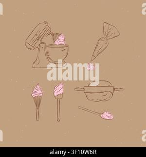 Bakery tools illustration labels mixer, pastry bag, whisk, silicone spatula, pastry spoon, dough, rolling pin drawing in graphic style on brown backgr Stock Vector