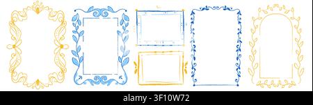 Hand drawn mediterranean frames with abstract sea waves, floral pattern borders and doodle crayon texture. Vector sketch templates for birthday party, wedding invitations, summer postcard designs Stock Vector