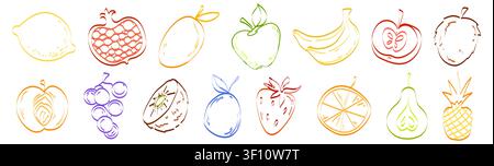 Hand drawn doodle fruit set isolated on white background. Vector crayon illustration of banana, strawberry, apple, kiwi, mango, lemon, grape outline, color pencil sketches for juice package design Stock Vector