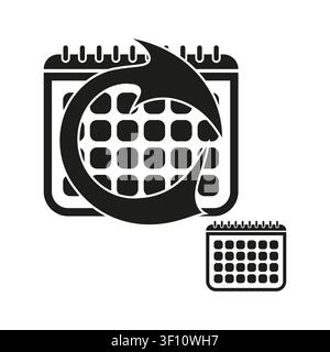 Refresh calendar icon features black vector illustration. Abstract recycle arrow schedule symbol enhances time management projects. eps 10 Stock Vector