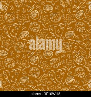 Hand-drawn seamless background made of tropical summer fruits, passion fruit, carambola, watermelon line art style for packaging Stock Vector