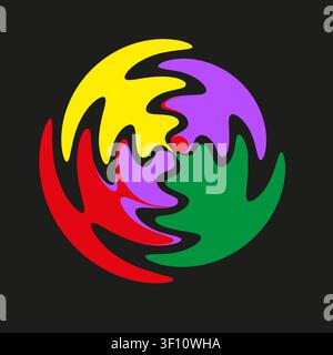 Colorful abstract swirl logo features dark vector background. Geometric interlocking shape texture enhances creative community projects. eps 10 Stock Vector