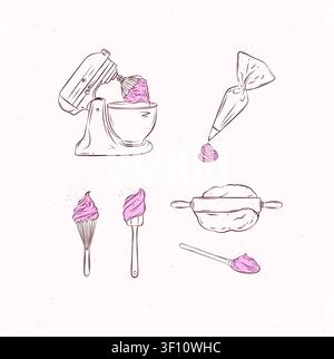Bakery tools illustration labels mixer, pastry bag, whisk, silicone spatula, pastry spoon, dough, rolling pin drawing in graphic style on beige backgr Stock Vector