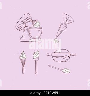 Bakery tools illustration labels mixer, pastry bag, whisk, silicone spatula, pastry spoon, dough, rolling pin drawing in graphic style on pink backgro Stock Vector