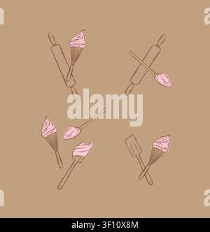 Bakery utensils illustration labels whisk, silicone spatula, pastry spoon, rolling pin drawing in graphic style on brown background Stock Vector