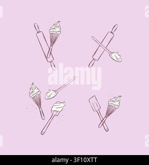Bakery utensils illustration labels whisk, silicone spatula, pastry spoon, rolling pin drawing in graphic style on pink background Stock Vector