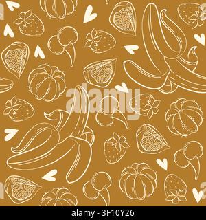 Hand-drawn seamless pattern made of summer fruits, banana, fig, tangerine, cherry in line art style for packaging, backgrounds Stock Vector