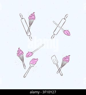 Bakery utensils illustration labels whisk, silicone spatula, pastry spoon, rolling pin drawing in graphic style on light background Stock Vector