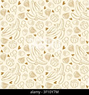 Hand-drawn seamless background made of summer fruits, banana, fig, tangerine, cherry in line art style for packaging, backgrounds Stock Vector