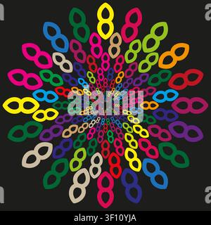 Colorful infinity mandala features dark vector background. Geometric abstract spirograph texture enhances creative neon projects. eps 10 Stock Vector