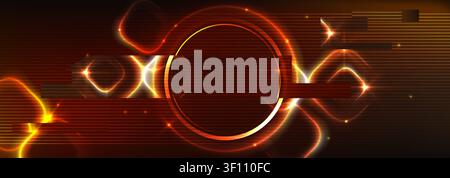 Neon orange glowing ring with glitch effect on dark tech background. Vector abstract illustration, distorted circle with digital light, circular frame for game ui, futuristic lab energy portal design Stock Vector