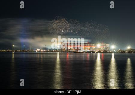 Ras Abu Aboud, Doha, Qatar - January 23, 2026: Night scene of pyrotechnic displays and smoke clouds over Stadium 974 during the QIFF. Stock Photo
