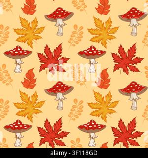 Seamless pattern with fly agaric mushrooms and leaves in autumn colors. Vector for forest, seasonal textile, or nature stationery. Stock Vector