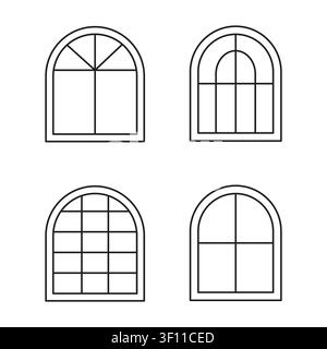 Arched window frame collection features linear vector set. Enhances classic building architecture projects. Stock Vector