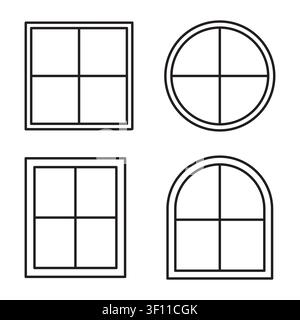 Window frame geometry collection features linear vector set. Enhances residential property architecture projects. Stock Vector