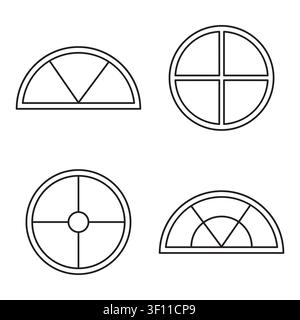Round arch window frames features contour vector set. Complements house building exterior designs. Stock Vector