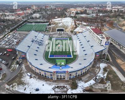 Aerial view of the original David Booth Kansas Memorial Stadium in Lawrence, Kansas, home of the Kansas Jayhawks, shortly before demolition. Stock Photo
