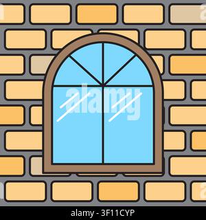 Arched window glass features flat vector illustration. Highlights residential brick house exterior artworks. Stock Vector
