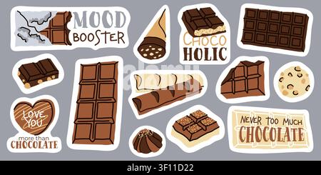 Chocolate bar and sweets typography sticker set hand drawn vector merch Stock Vector