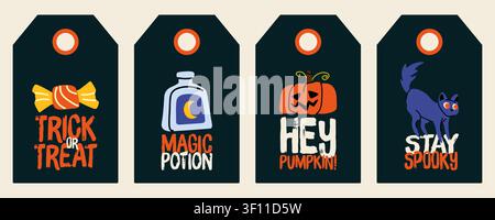 Groovy Halloween gift tags hand drawn vector set for holiday packaging Stock Vector