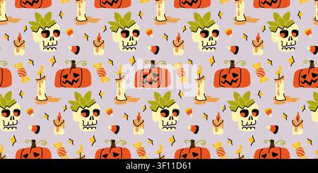 Spooky skull and pumpkin hand drawn vector Halloween seamless pattern for textile Stock Vector