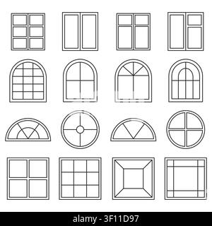 Window frame geometry collection features contour vector set. Visualizes house exterior architecture designs. Stock Vector