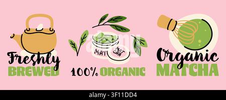 Organic matcha tea and freshly brewed teapot hand drawn stickers Stock Vector