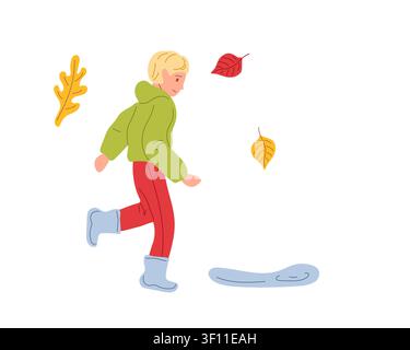 Boy in autumn clothes walking outside. Vector illustration for seasonal poster, childrens book illustration, autumn greeting card. Stock Vector